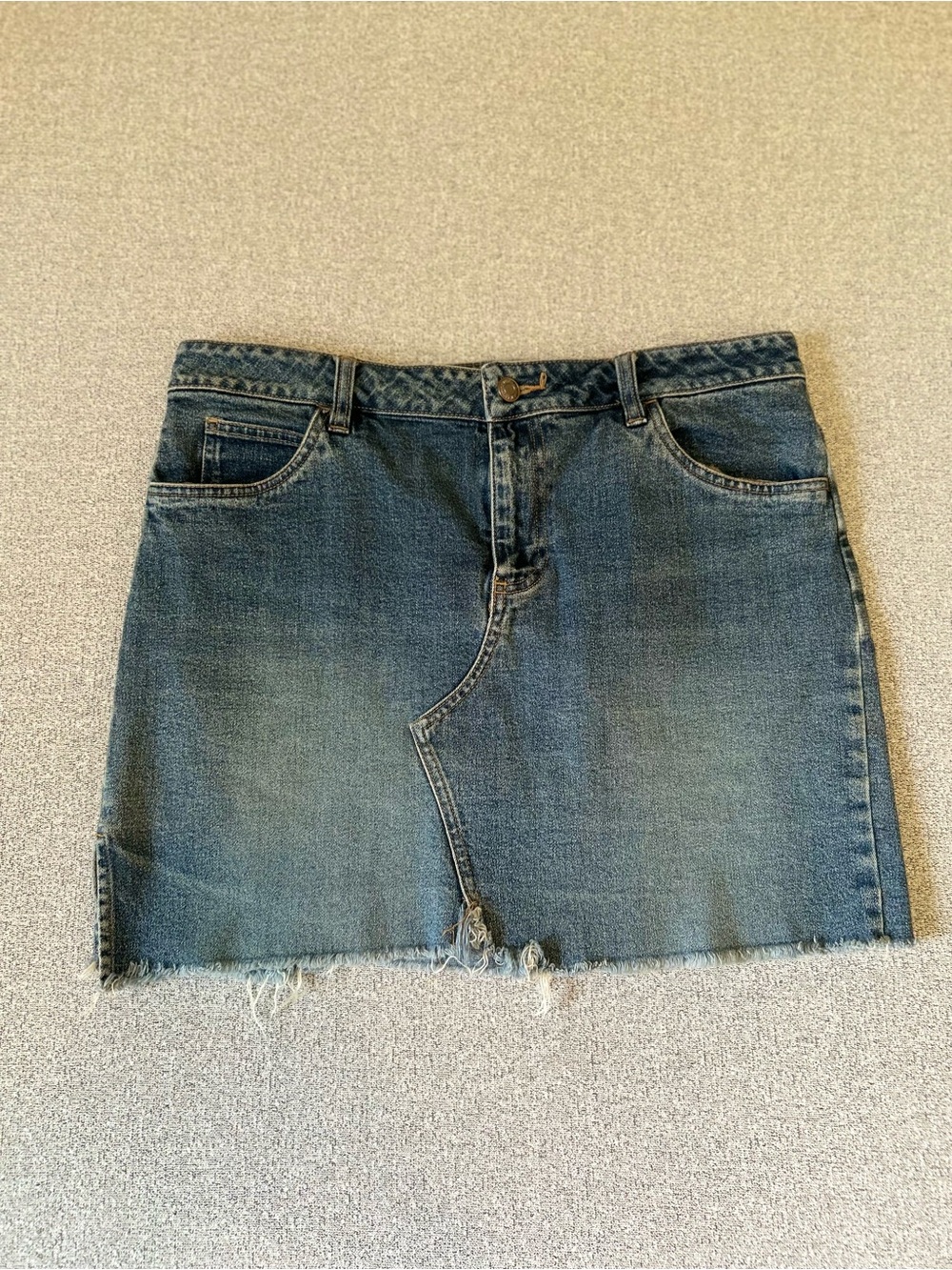 Vintage Old Navy Denim Mini Skirt Y2K Stretch Raw Hem Wrap Stitch Blue Jean 12
